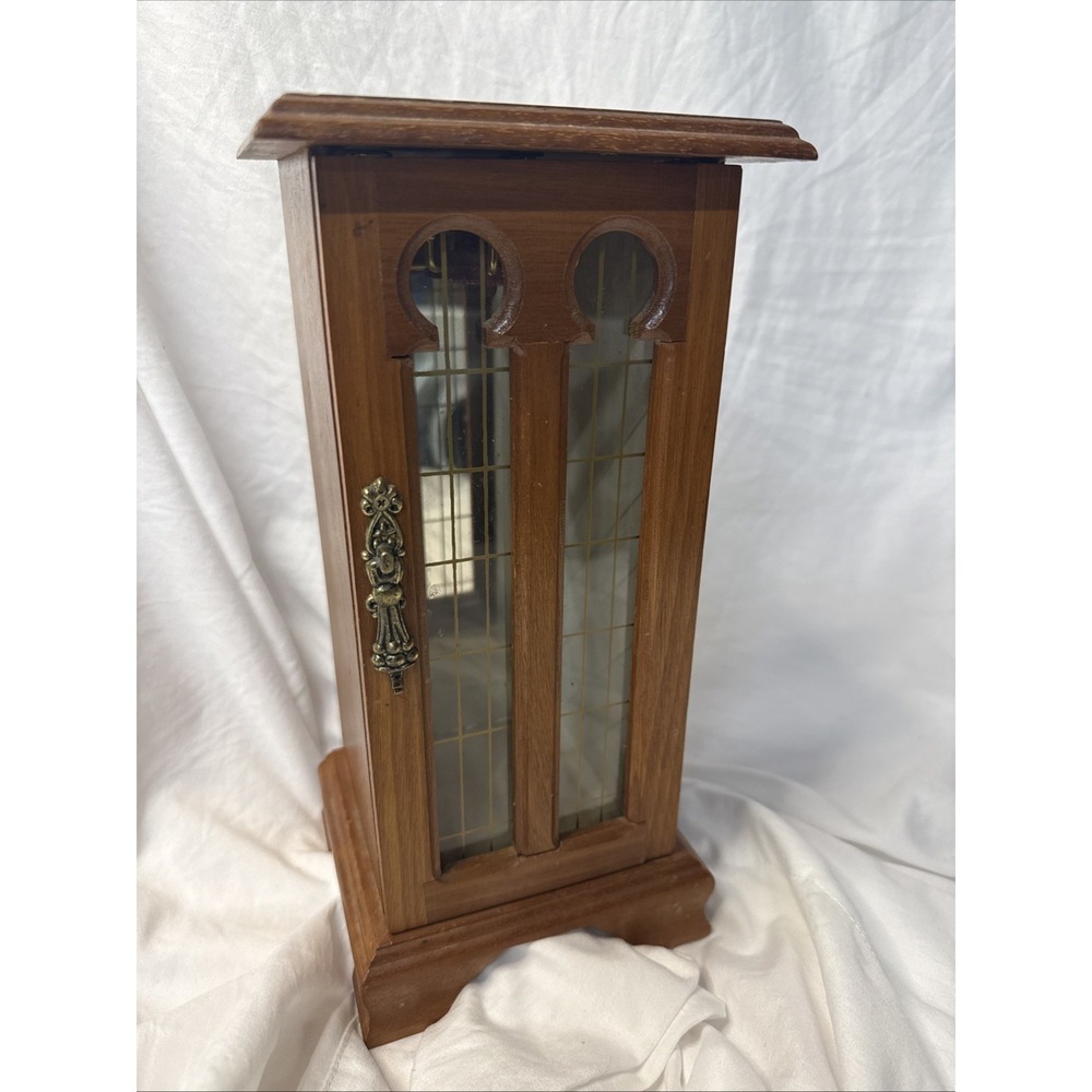 VTG Wooden Necklace Carousel Jewelry Box Curio Mirror Window Cabinet Tabletop